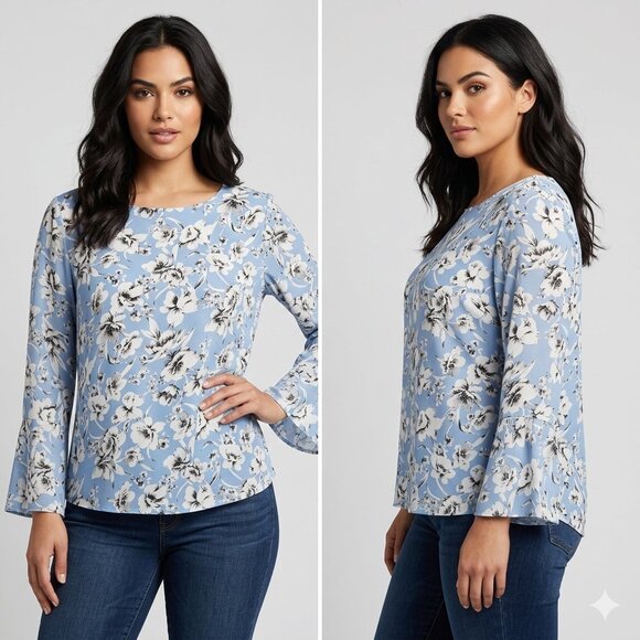 Calypso Tops - Calypso Blue & White Floral Blouse with Trumpet Sleeves Women's - Size Medium